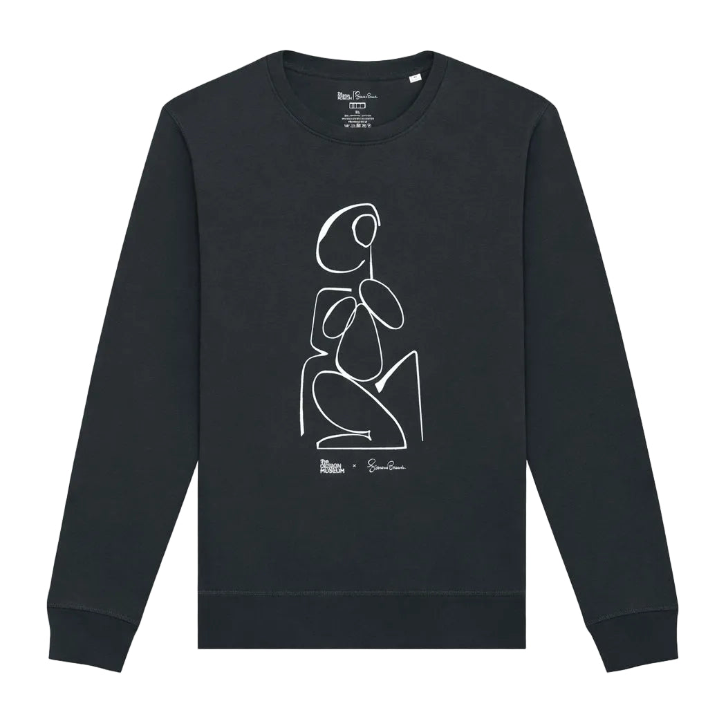 Black sweatshirt with white abstract line drawing on a white background