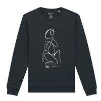 Black sweatshirt with white abstract design on a white background