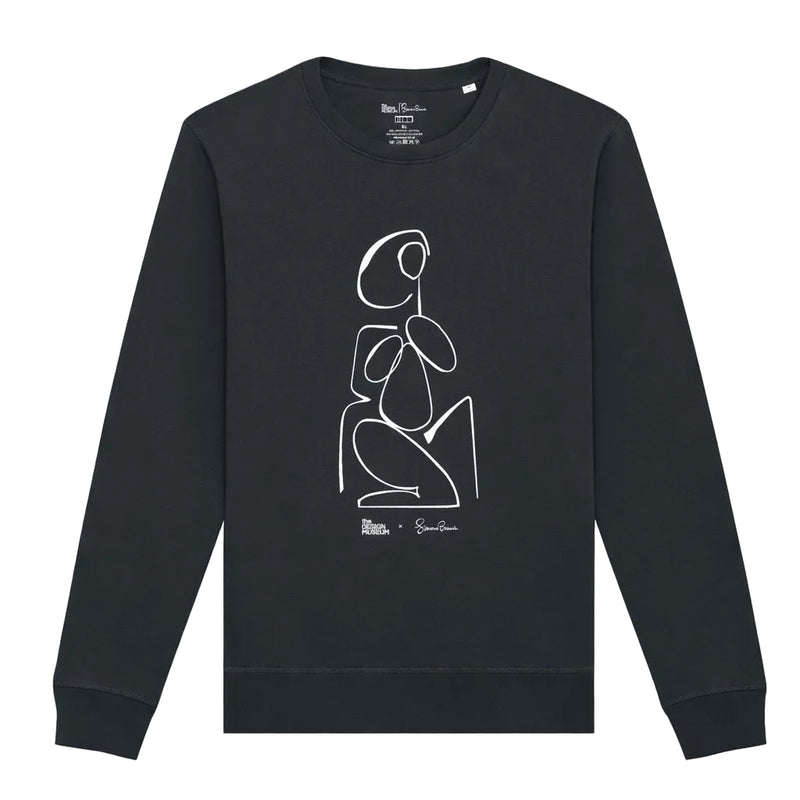 Black sweatshirt with white abstract design on a white background