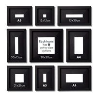 Set of black picture frames with cut-to-size options on a white background.
