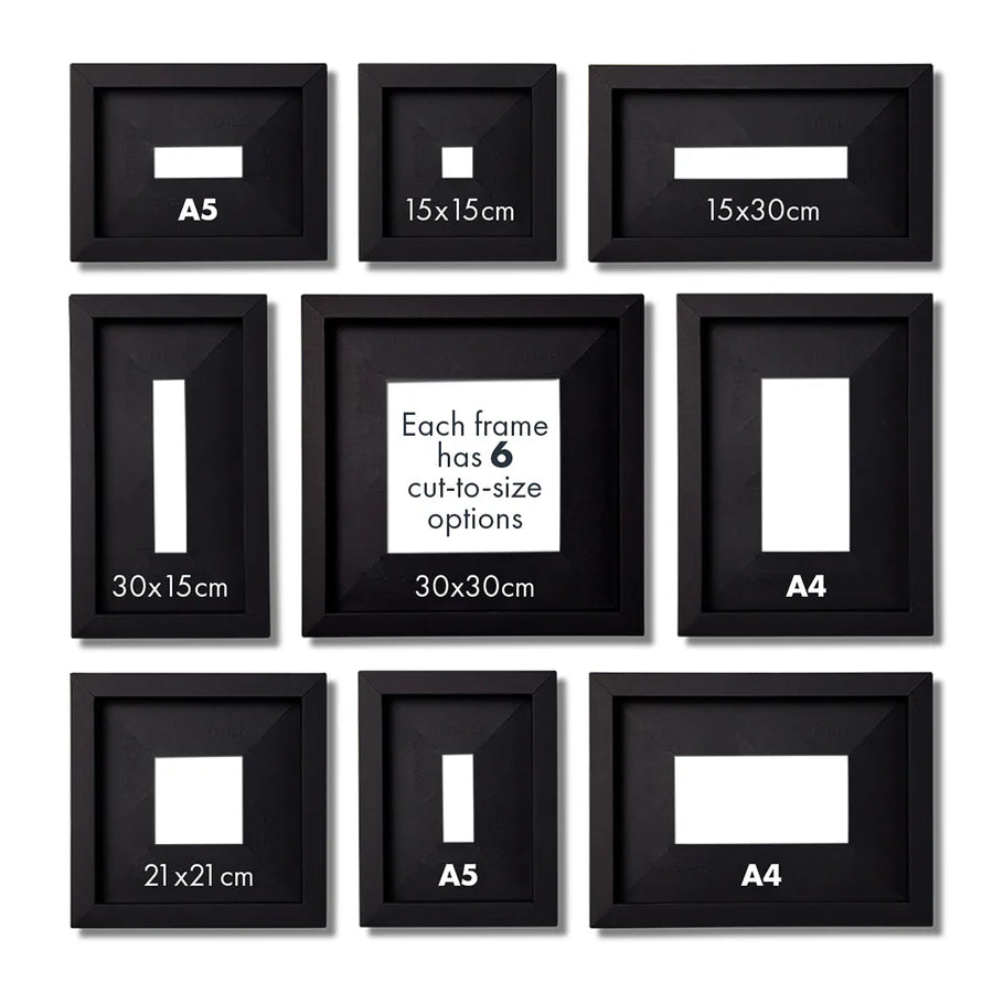 Set of black picture frames with cut-to-size options on a white background.