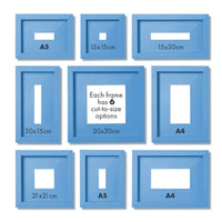 Set of blue picture frames with size specifications on a white background