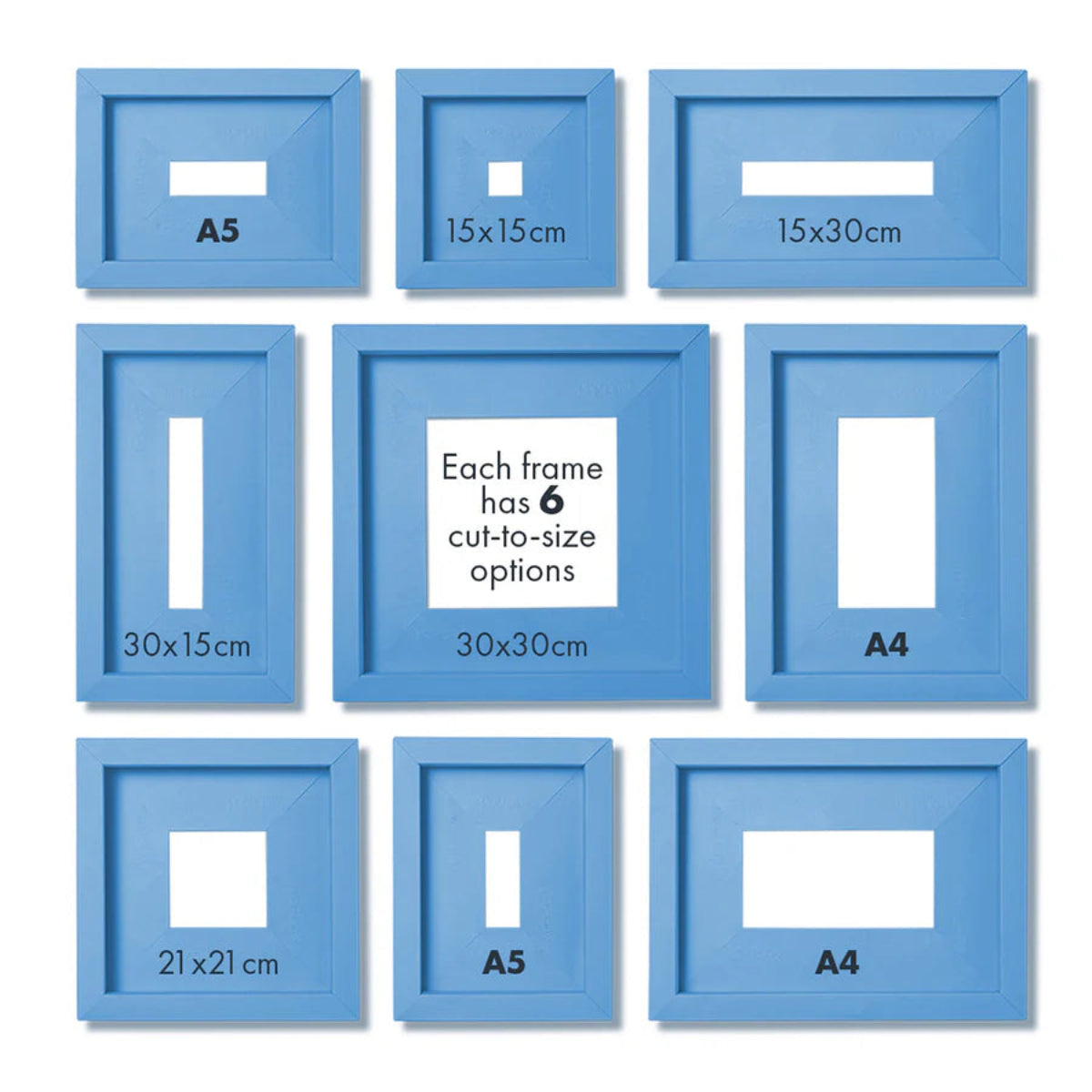 Set of blue picture frames with size specifications on a white background