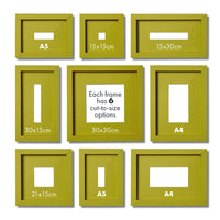 Set of green picture frames with various size measurements on a white background