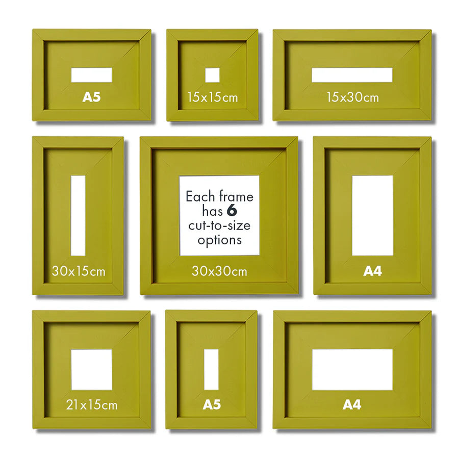 Set of green picture frames with various size measurements on a white background