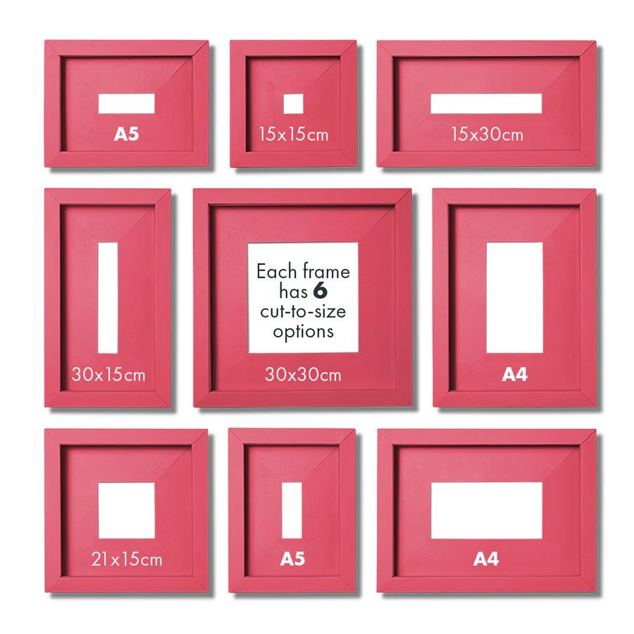 Set of pink picture frames with various measurements on a white background
