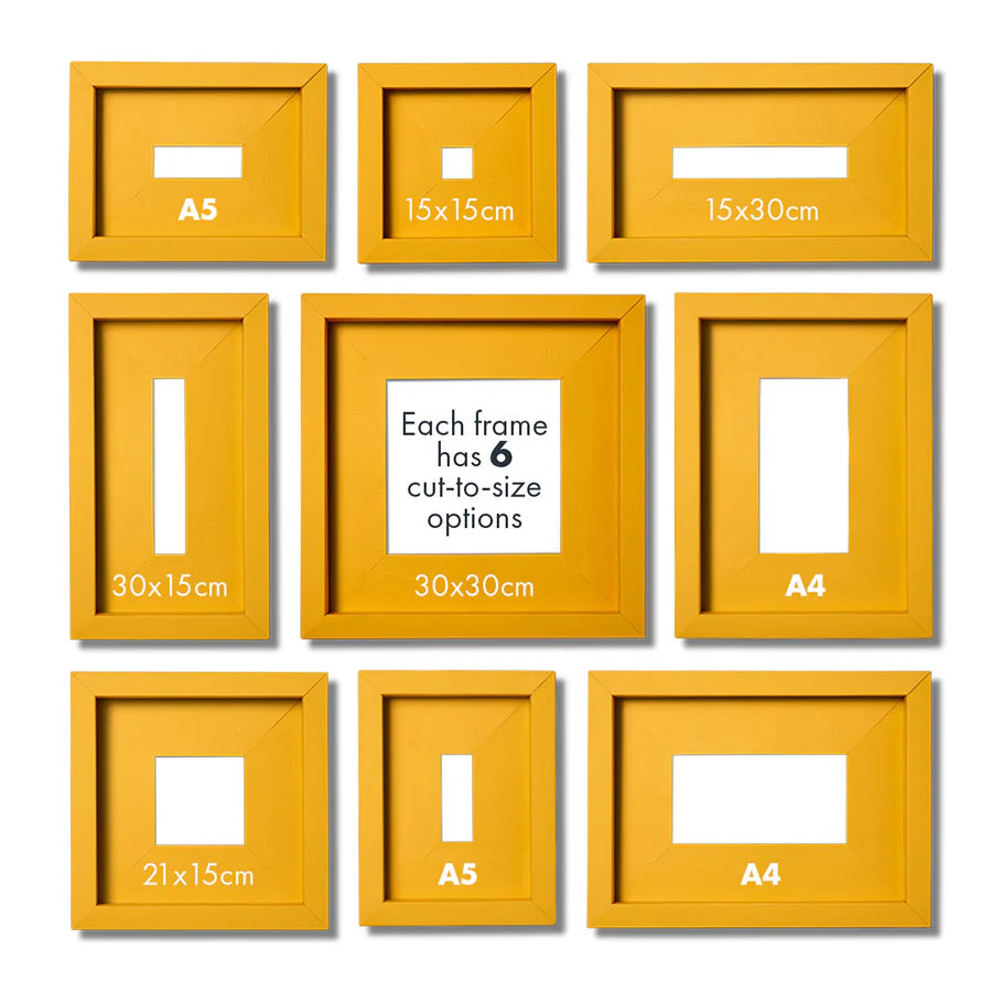 Set of yellow picture frames with cut-to-size options on a white background