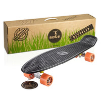 black skateboard with orange wheels