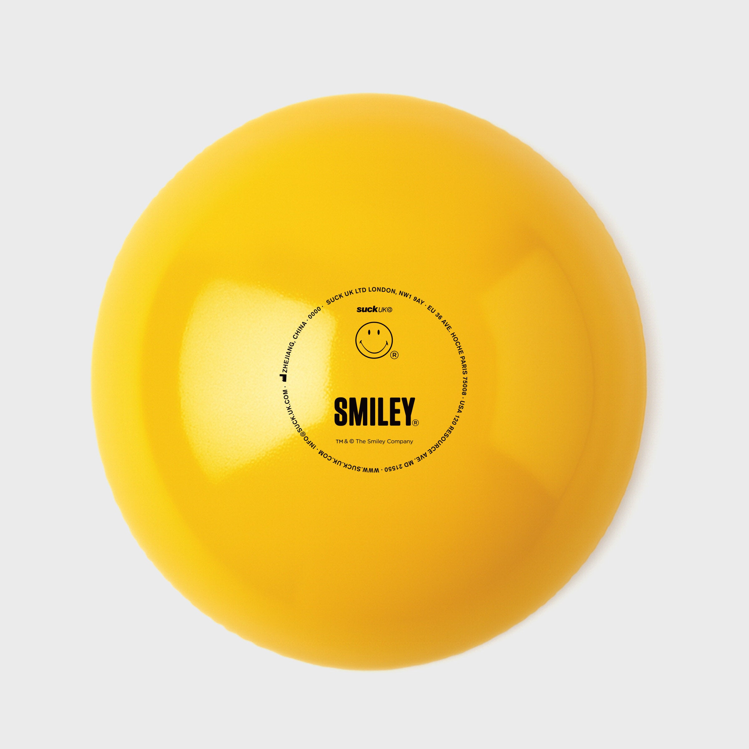Yellow bowl with a smiley face logo on a white background