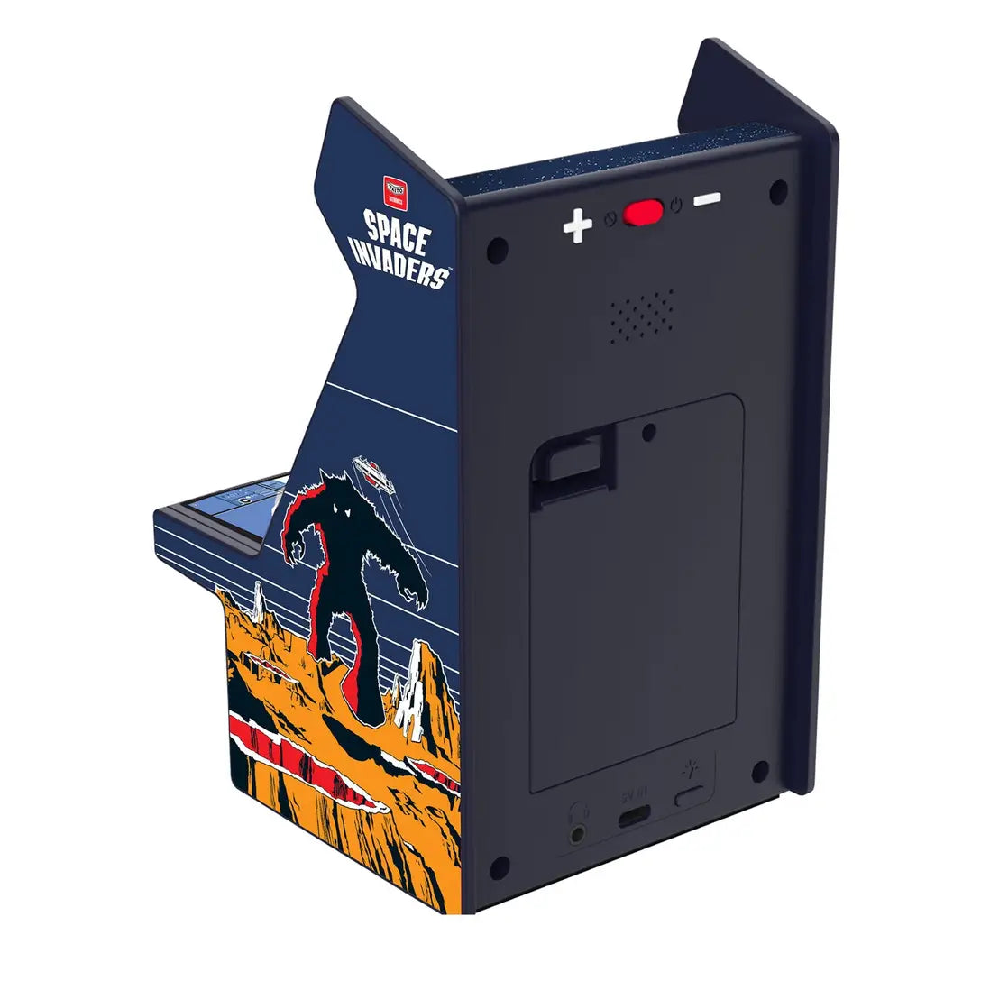 A retro-style arcade cabinet shown from an angled perspective, featuring a dark blue marquee with 'SPACE INVADERS' text and a space-themed graphic, alongside a dark blue cabinet body and orange/yellow graphic base.