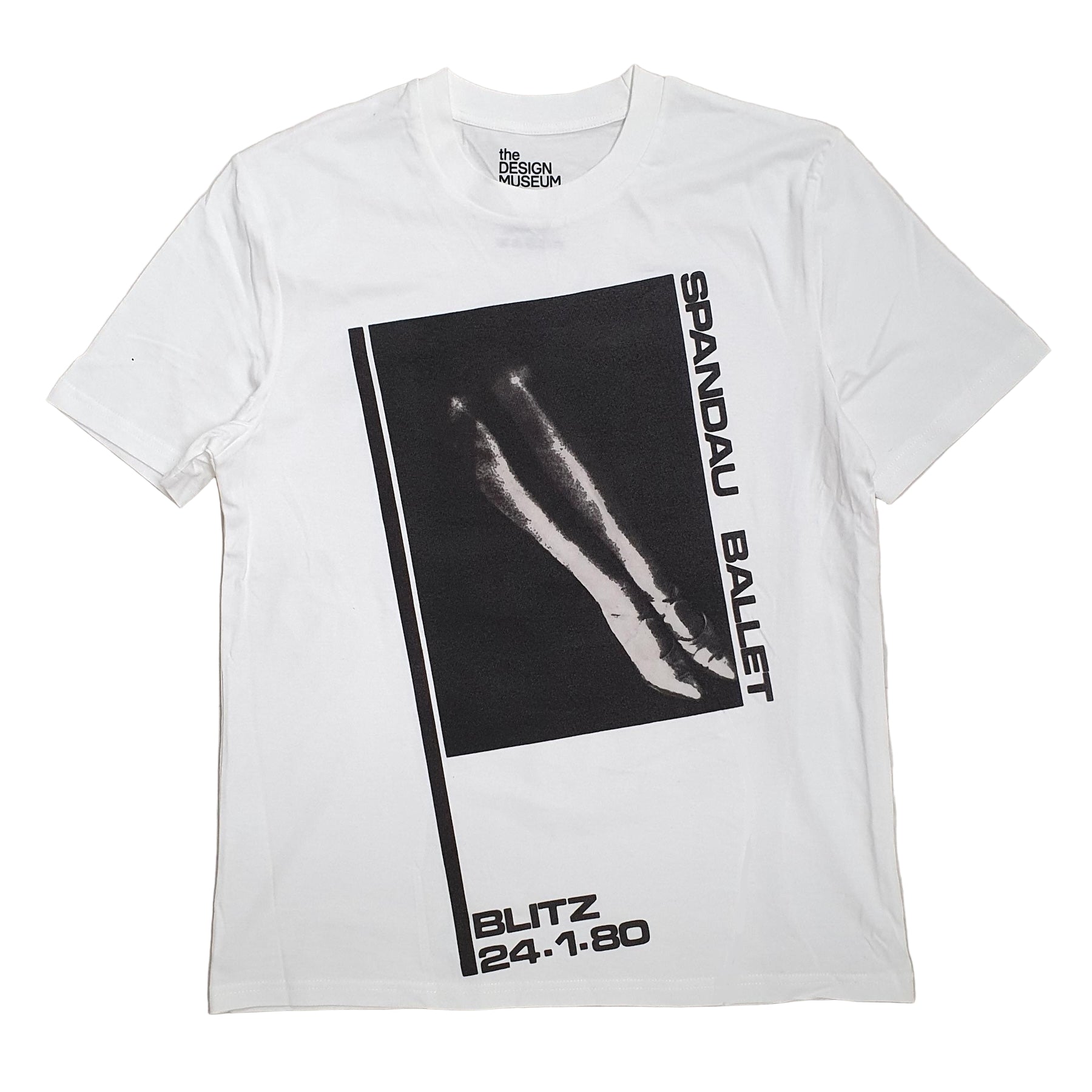 White t-shirt with black graphic design featuring 'Spandau Ballet' text and image on a white background