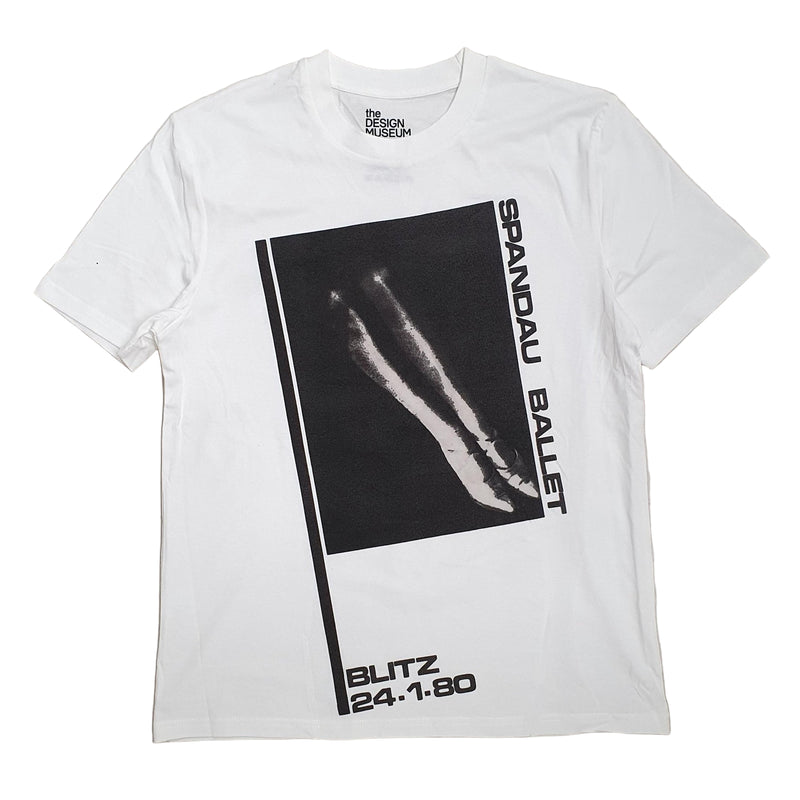 White t-shirt with black graphic design featuring 'Spandau Ballet' text and image on a white background