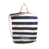 Face frontal picture of Blue and white striped Splash! Gym bag with string on white background.