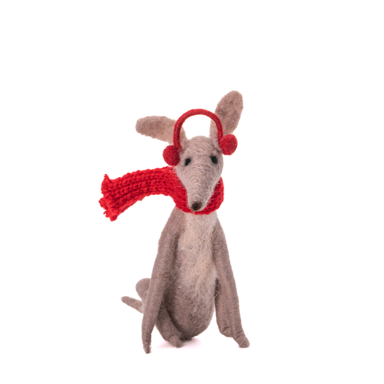 Stuffed animal toy with a red scarf and headband on a white background