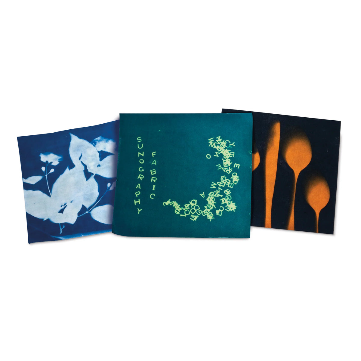 A set of sunography developed photos on fabric of cultery and leaves.