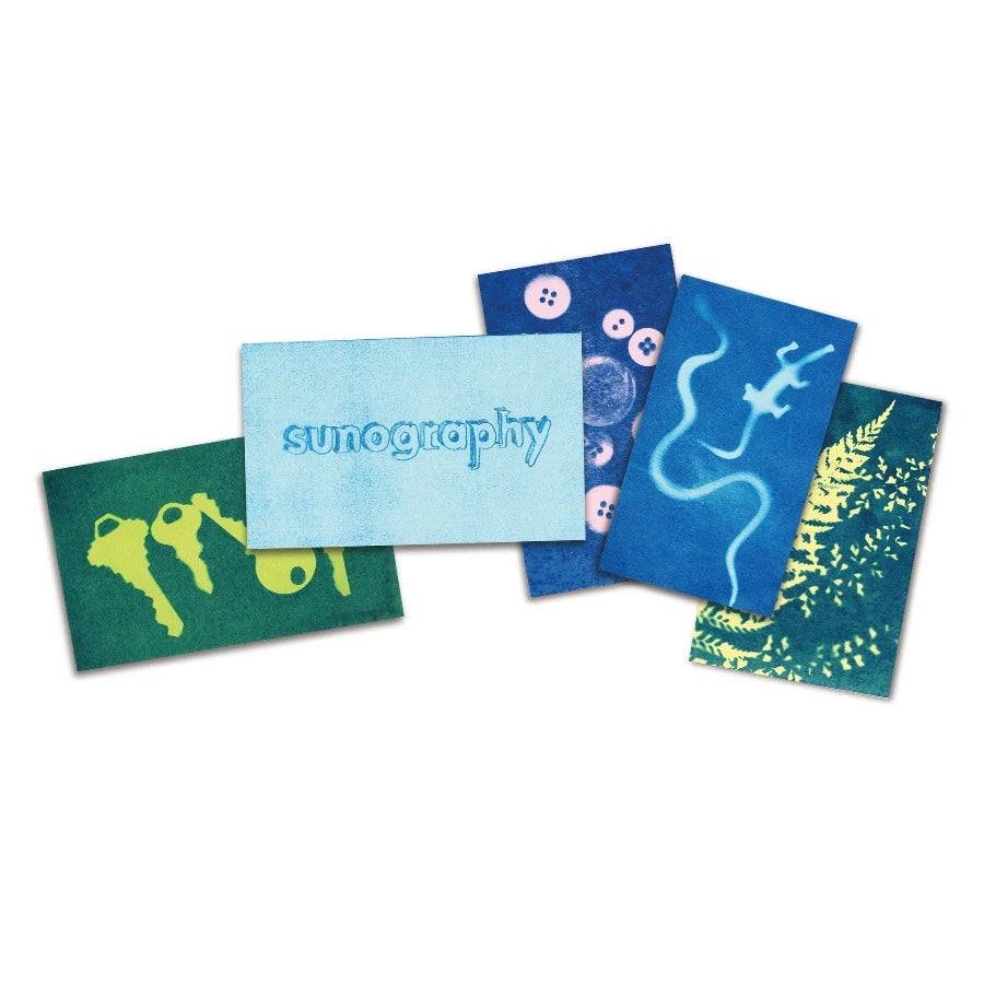A set of sunography printed pictures of keys and leaves.