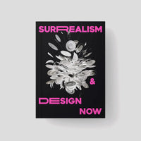 Black front cover of Surrealism & Design Now catalogue cover with pink text on a light grey background
