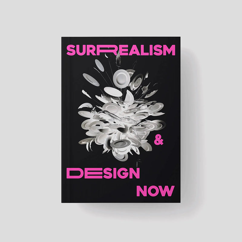 Black front cover of Surrealism & Design Now catalogue cover with pink text on a light grey background