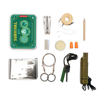 Collection of survival kit items including a tin, knife, rope, matches, and other tools on a white background.