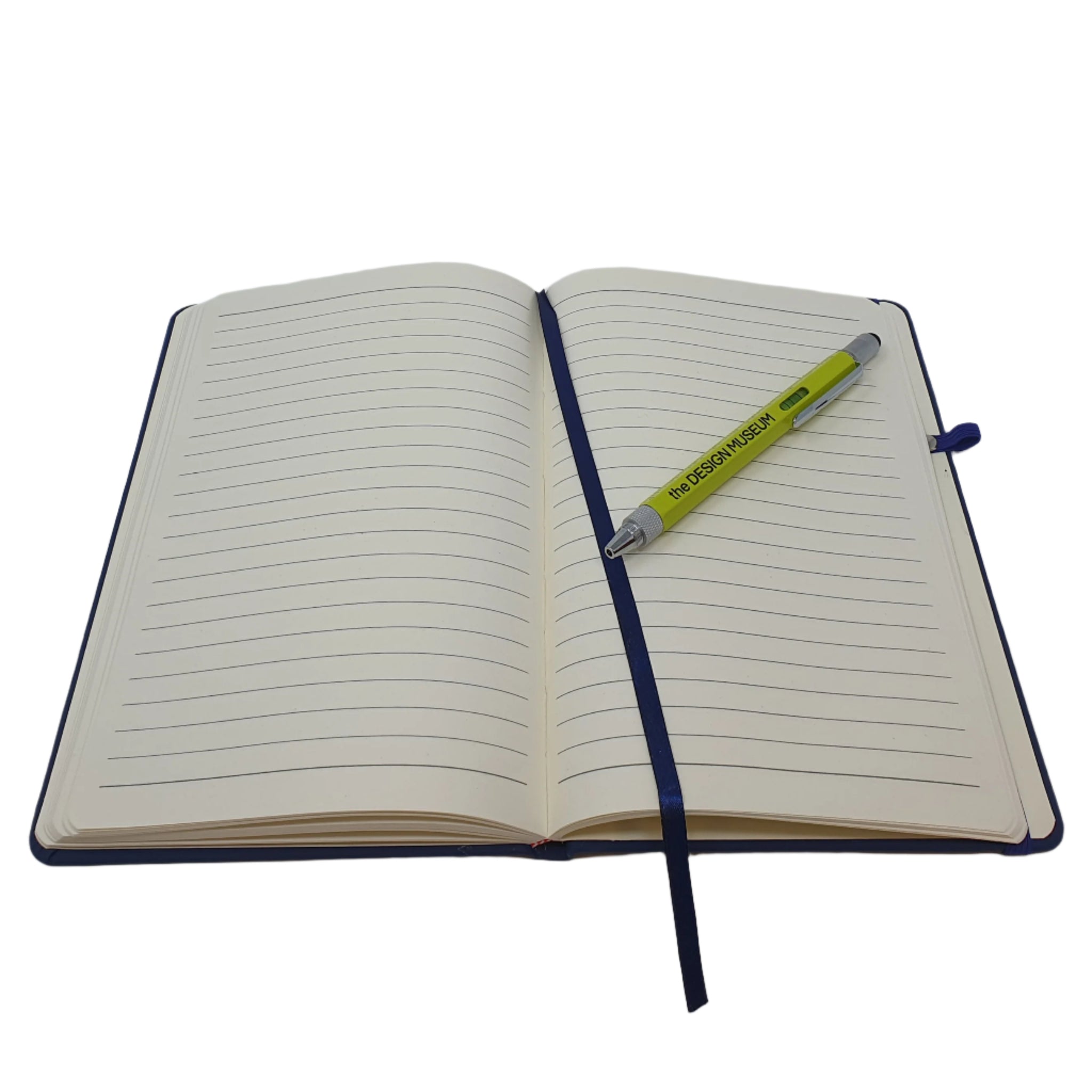 Image of the Design Museum Branded A5 size notebook, open page photo of notebook with a pen when it shows that notebook has lined white paper.