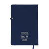 Back cover image of the Design Museum Branded A5 size notebook, the notebook back is navy blue plain, there its found some information about where it is manufactured and features small design museum logo.