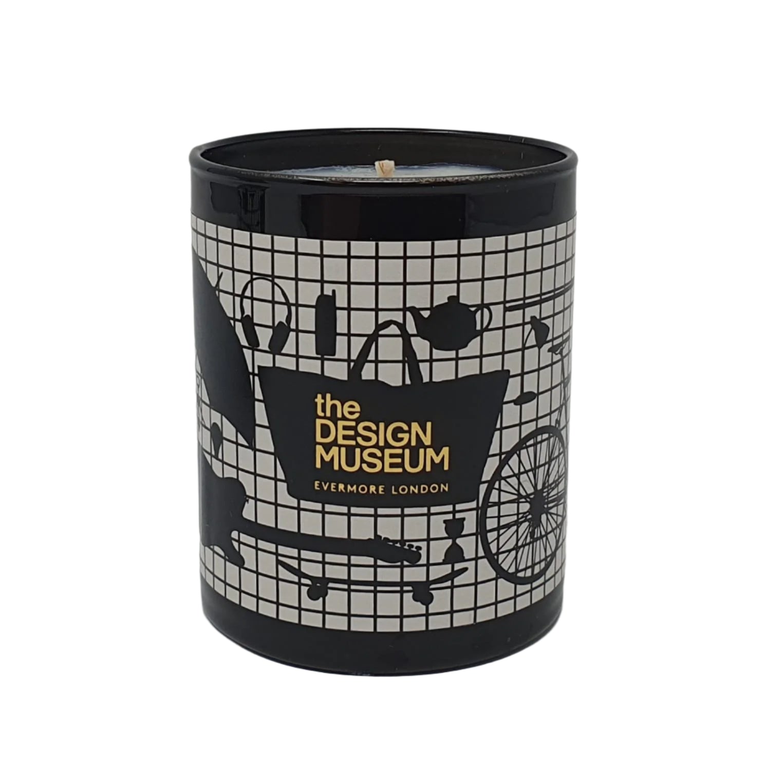 A black scented candle with a geometric pattern design, labeled 'the Design Museum Shop, EYVERMORE LONDON'.