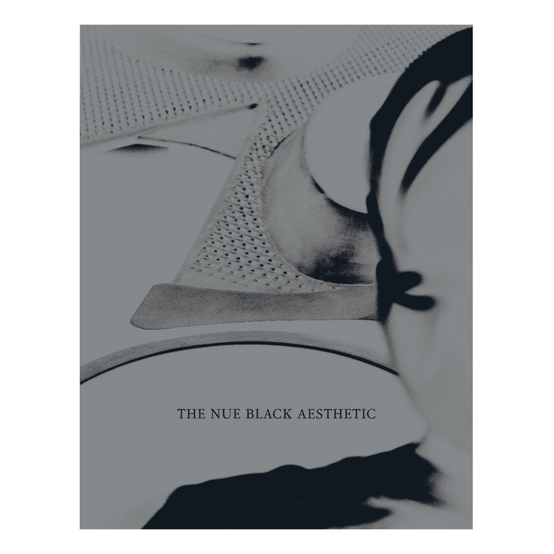 A monochrome editorial-style close-up showing part of a person's face and hair with the text 'THE NUE BLACK AESTHETIC' near the bottom.