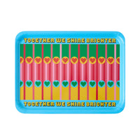 Colourful tray with heart patterns and 'Together We Shine Brighter' text on a light gray background