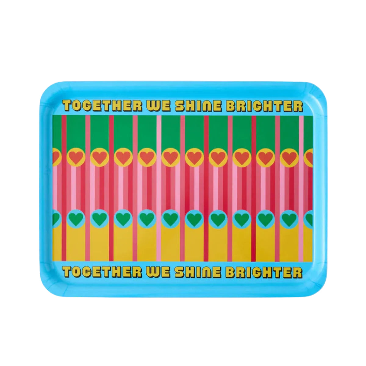 Colourful tray with heart patterns and 'Together We Shine Brighter' text on a light gray background