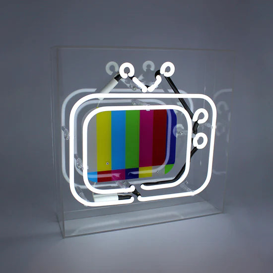Neon sign of a TV with a colorful screen on a gray background