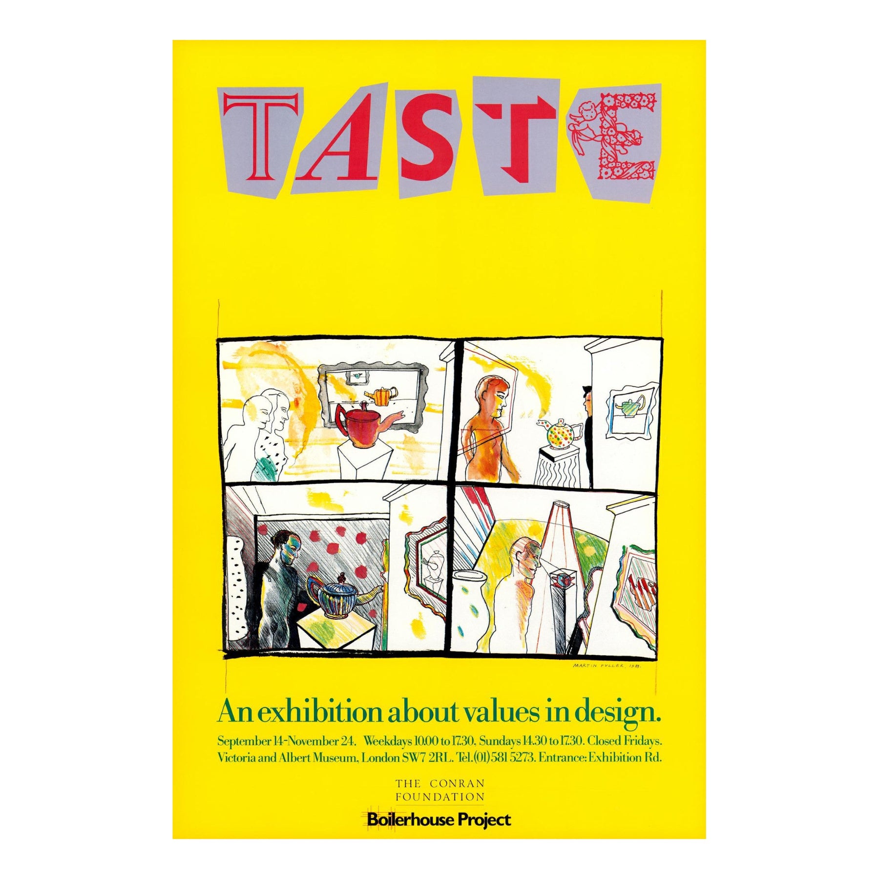 Poster for 'TASTE' exhibition with colorful text and illustrations on a yellow background