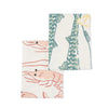 Two kitchen towels with fish and shrimp designs on a white background