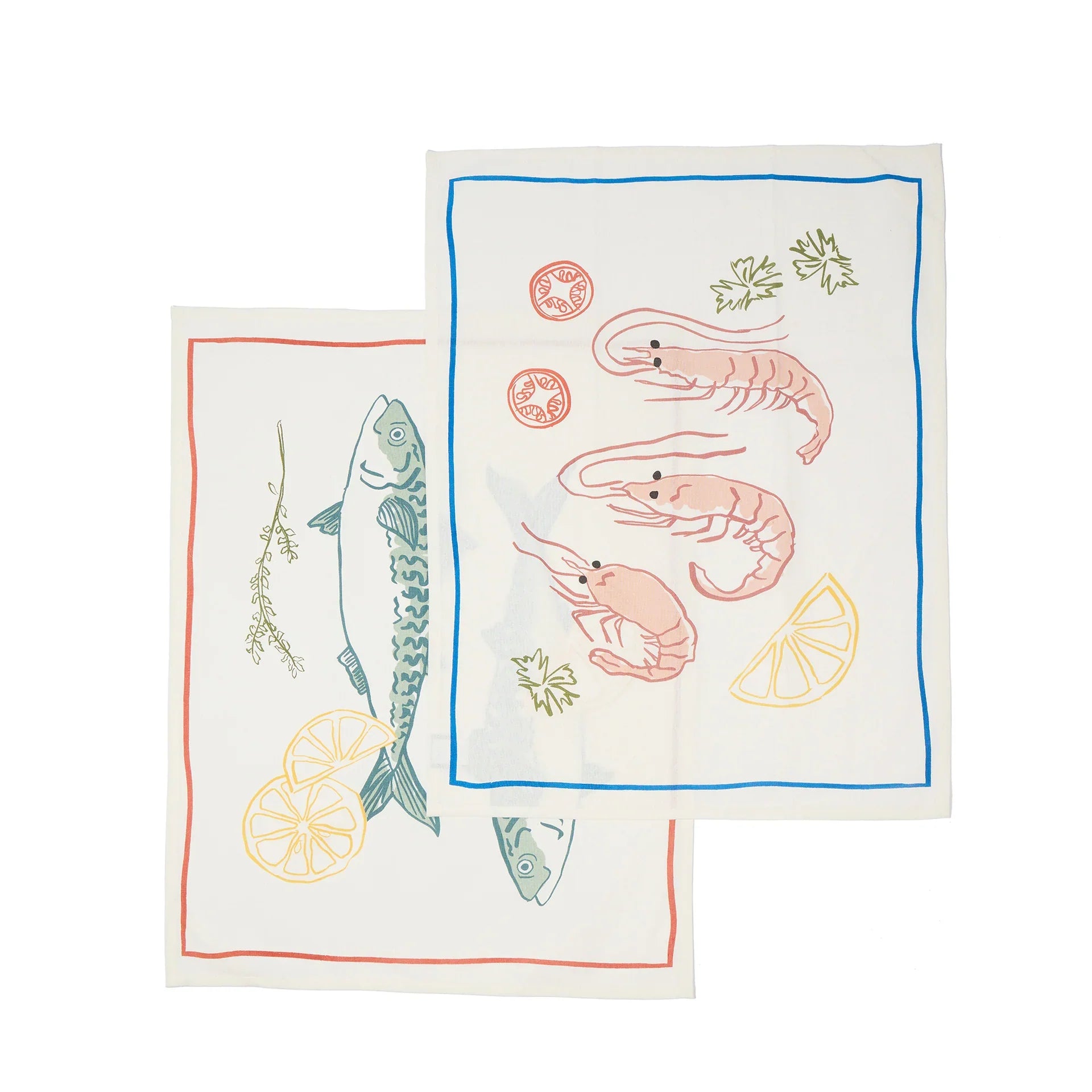 Two decorative towels with fish and shrimp designs on a white background