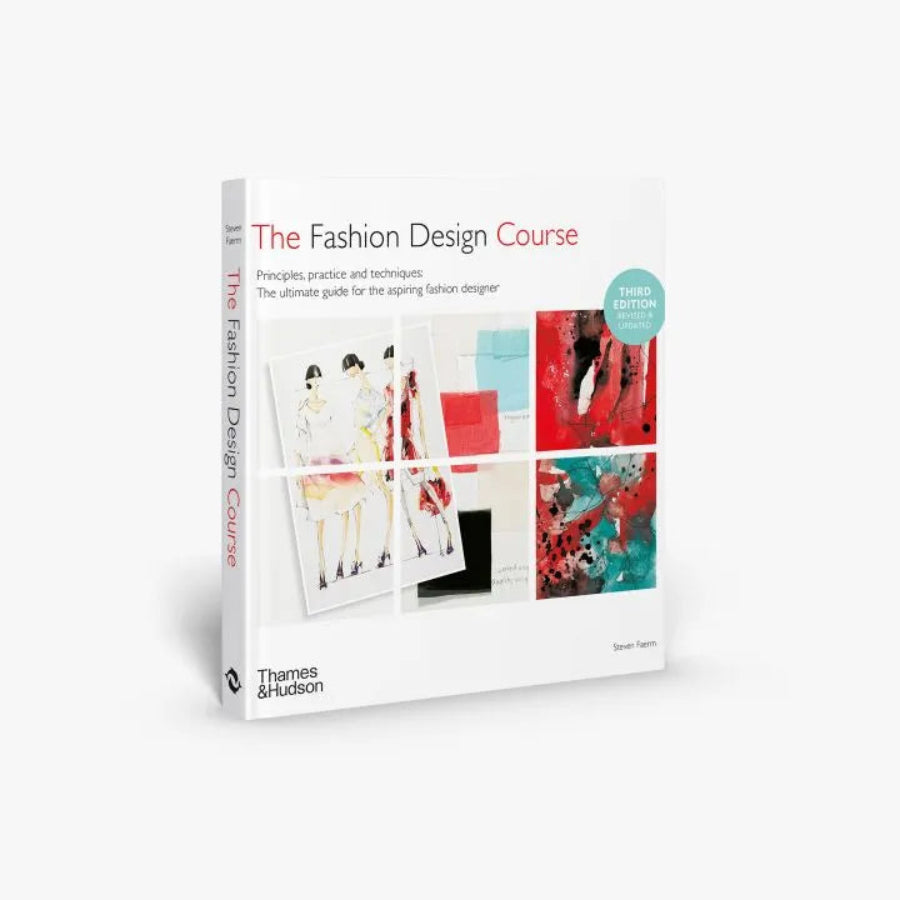 The Fashion Design Course book cover by Thames & Hudson on  a slightly sideway side on a white background