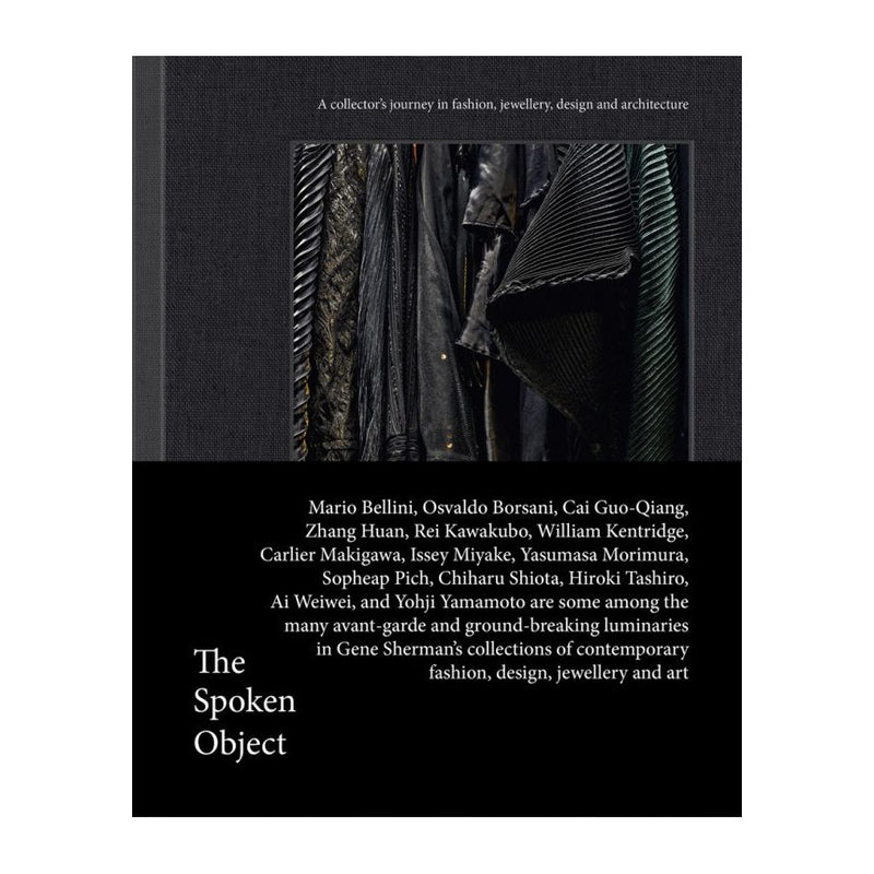 Front cover of the book 'The Spoken Object' featuring a photograph of black fabrics with text overlay indicating the title and names of contributors on a black background.