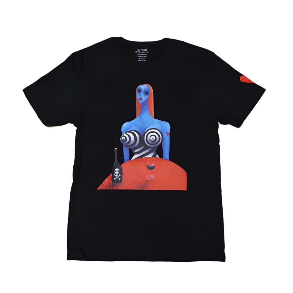 Black Tim Burton exhibition t-shirt with a blue lady drawing