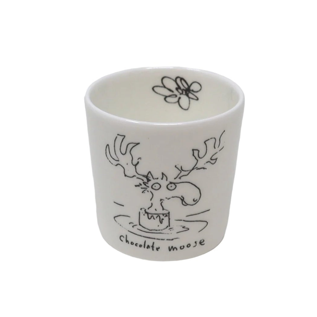 White fine bone china egg cup with Tim Burton moose illustration