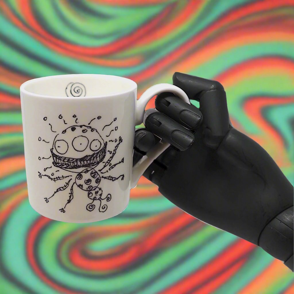 Black wooden hand holding a white fine bone china mug on a colourful background