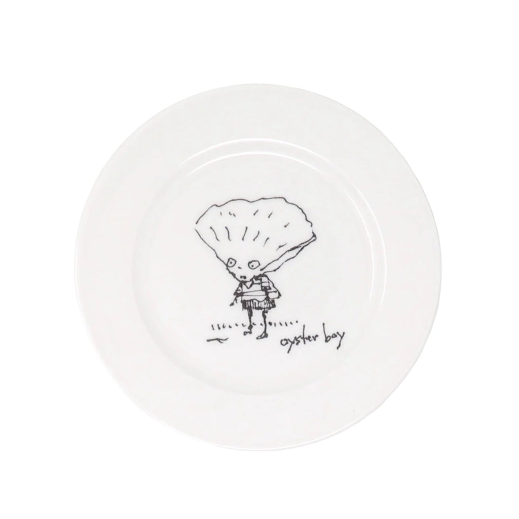 White china plate with Tim Burton oyster illustration