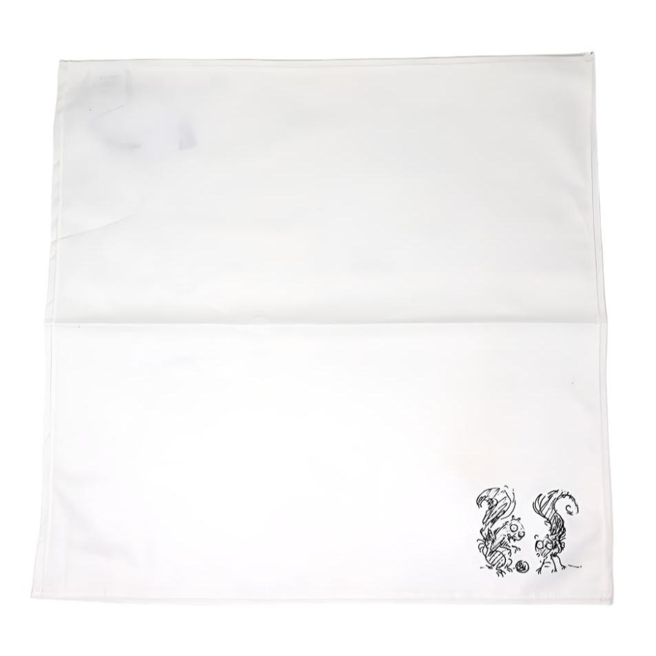 Squirrel illustration on a white linen napkin