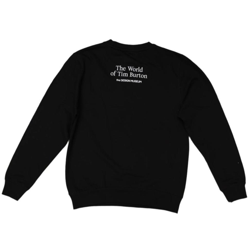 Back of a black Tim Burton branded sweatshirt