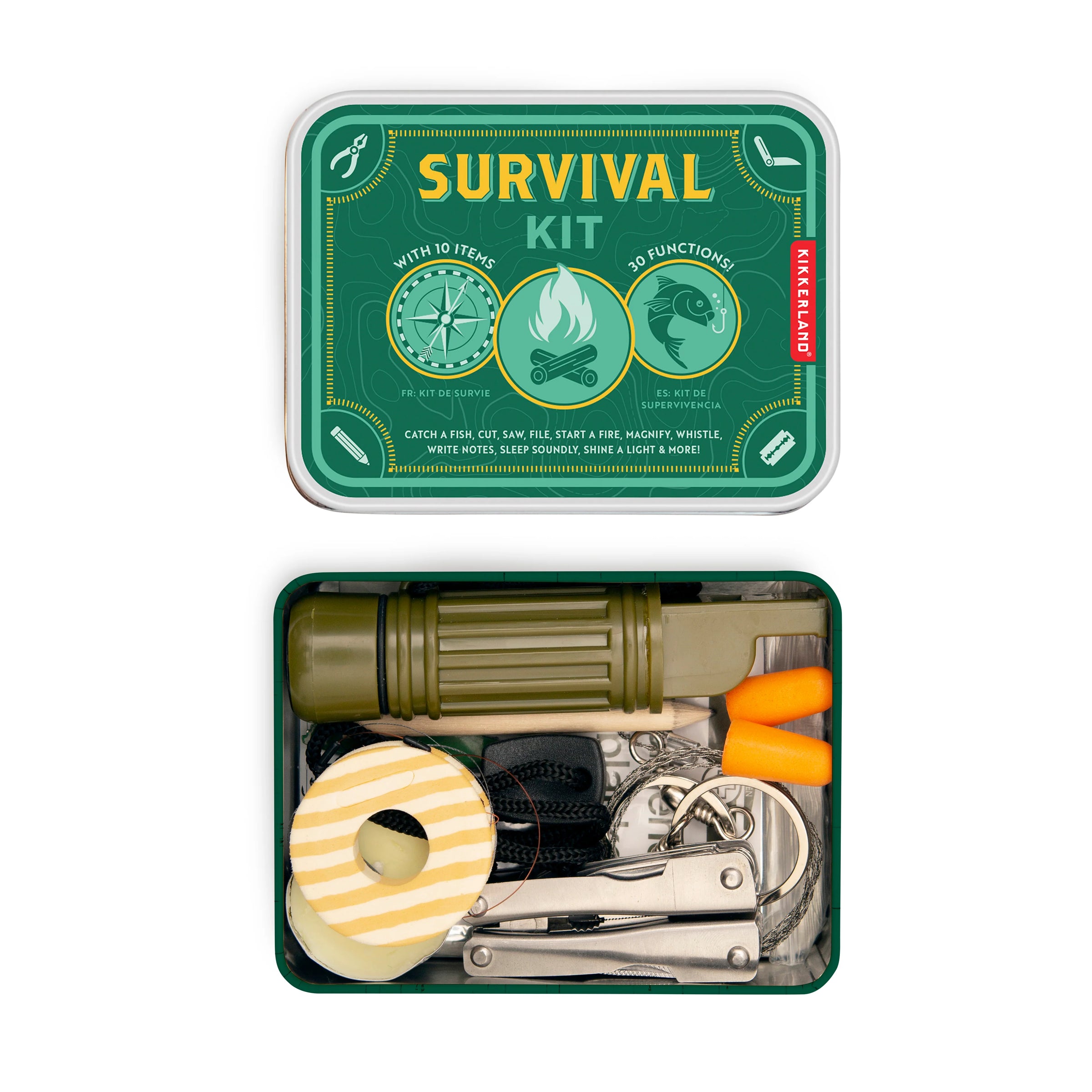 Survival kit with tools and a flashlight in an open green tin on a white background
