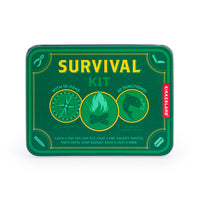 Green survival kit tin with Kikkerland branding on a white background