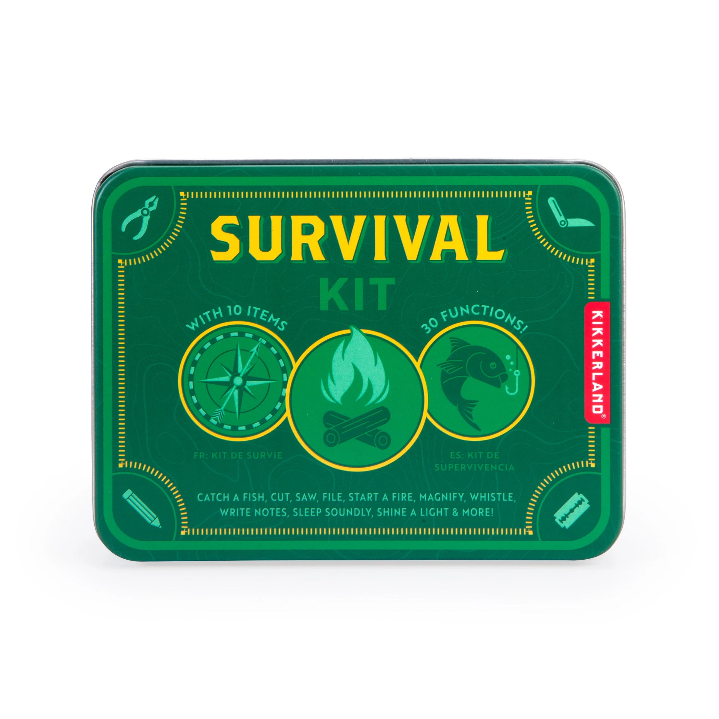 Green survival kit tin with Kikkerland branding on a white background
