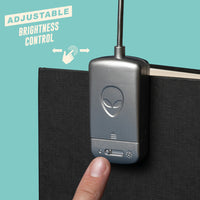 Adjustable brightness control device with alien logo on a teal background