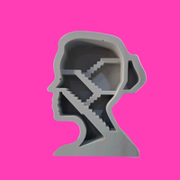 A gray plastic head-shaped mold or tray with a cutout profile, shown against a solid bright pink background.