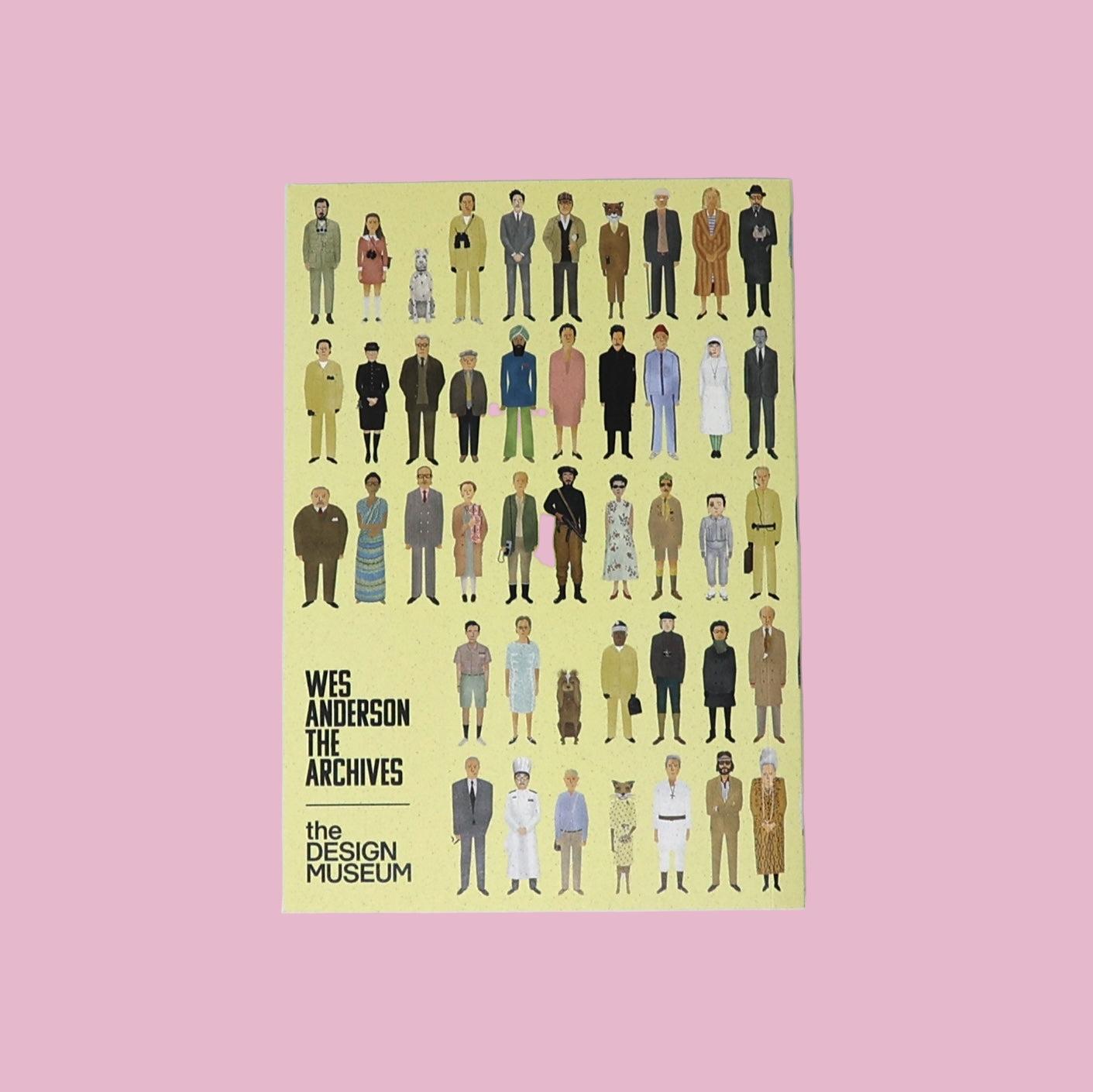Poster of Wes Anderson with illustrated characters on a yellow background