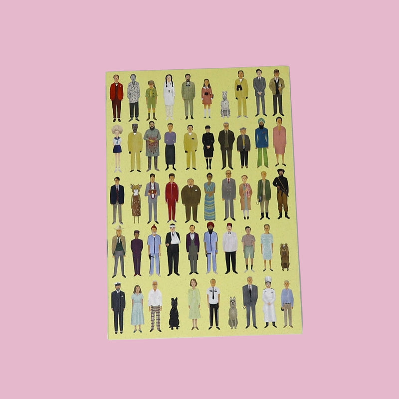 Notebook with illustrations of people on a yellow background