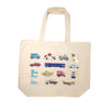 Beige canvas tote with drawings of vehicles on it