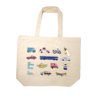 Beige canvas tote with drawings of vehicles on it